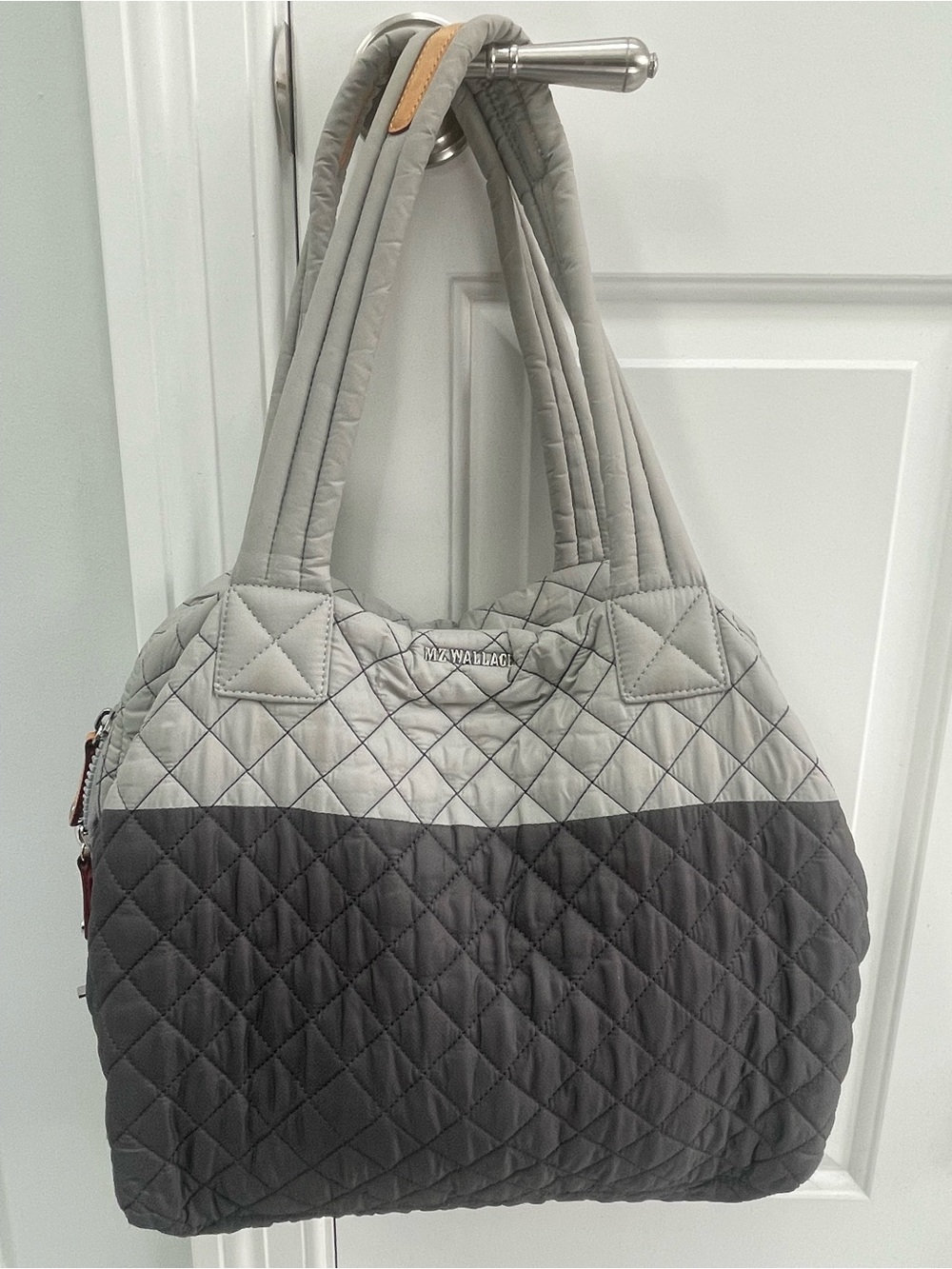 MZ WALLACE Two-Tone Quilted Tote in Light Gray and Dark Gray